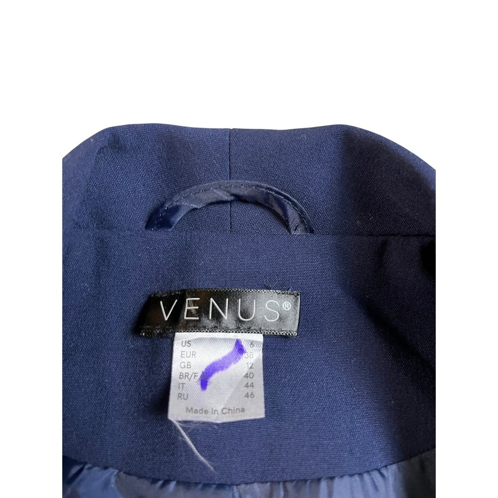 Venus Womens Navy Blue Open Front Ruched 3/4 Sleeve Shawl Collar Blazer Size 6 - Picture 5 of 11